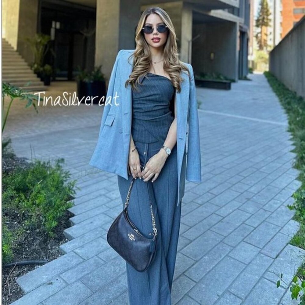 New Zara Pinstripe Strapless Ruched Dark Gray Corset Top XL Blogger Favorite - Picture 6 of 17